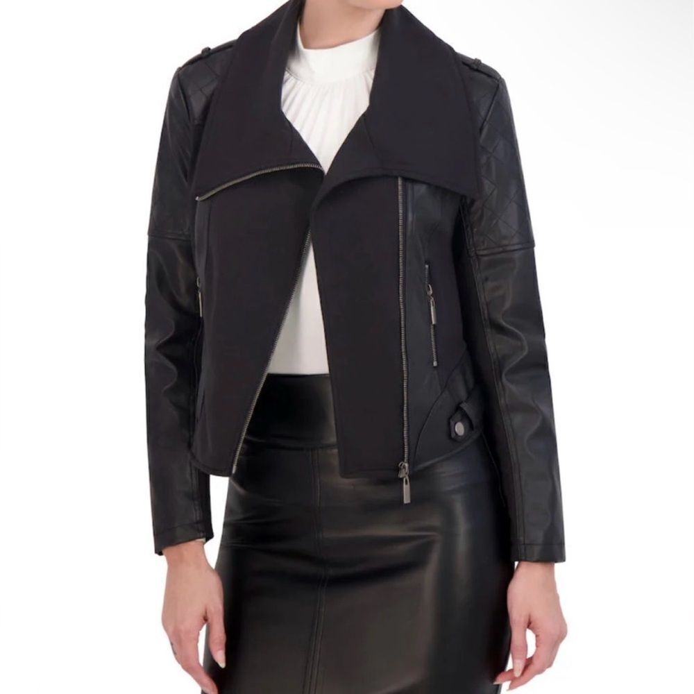 Ollie & Lala Mixed Fabric & Faux Leather Moto Jacket Black - Picture 5 of 12